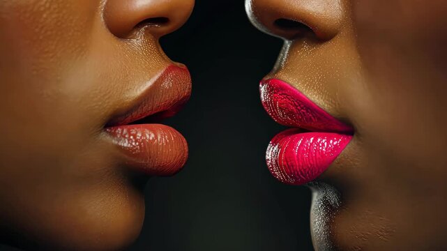 Intimate Moments: A close-up captures the captivating allure of two sets of luscious lips, with a focus on their shape and vibrant colours, hinting at a moment of affection and sensuality.