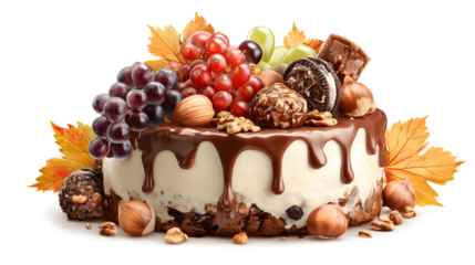 Delicious cake with fruits dipped into melted chocolate pecan nuts grapes chocolate bites and cookies. Concept of autumn or summer harvest cake isolated on a white background
