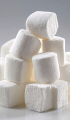 Stack of soft, white marshmallows against a soft grey background, under bright studio light