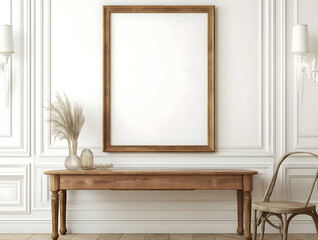 White painted wall no decoration a vintage frame is hanging in the middle in a landscape orientation blank white poster just the wall and the frame can be seen mock