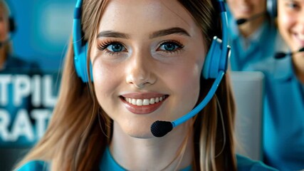 Customer Service Professional: A friendly customer service representative smiles, her headset and attire conveying approachability and professionalism. Her face radiates helpfulness.