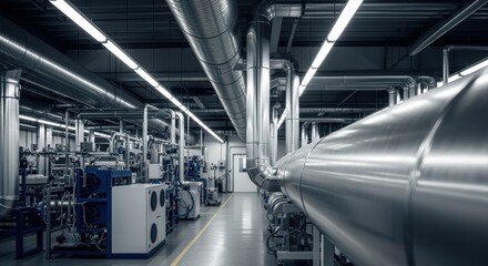 Clean manufacturing space showcasing large metallic pipes and efficient HVAC system.