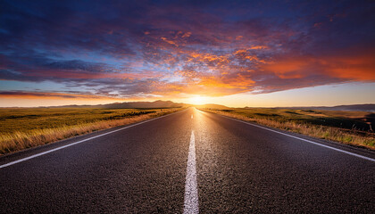 a clear path ahead focused at the start ready to push forward with speed and determination this open road stretches into the distance under a sky painted with the colors of dawn promising