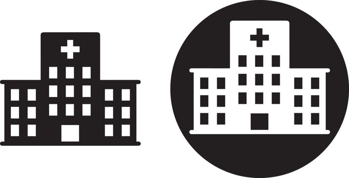 Hospital Silhouette: A stark, graphic illustration of a hospital building featuring a cross emblem, designed to convey essential information regarding healthcare.
