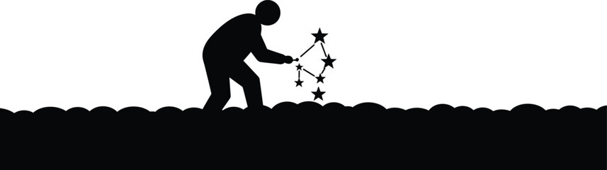 Minimalist Vector: Person Planting Stars, Surreal Growth Concept