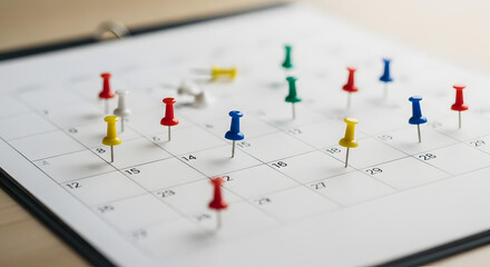 Fototapeta premium A close-up view of a calendar marked with colorful pushpins, indicating scheduled events.