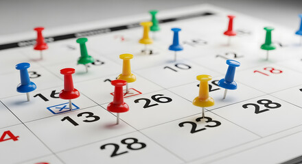 A calendar marked with colorful pushpins, highlighting important dates and deadlines.