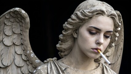 A stone angel statue with wings, holding a cigarette, evokes a sense of melancholy.
