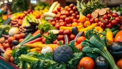 An artistic arrangement of fresh vegetables on a market counter with soft overhead lighting.