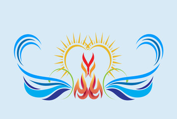 Abstract flame and water heart design with sun rays, representing balance and passion.