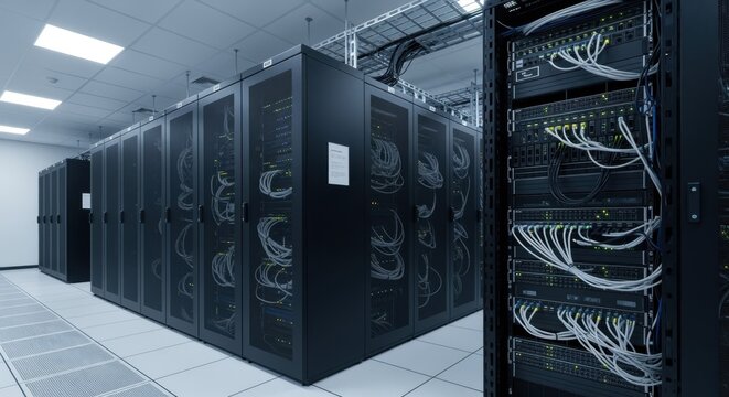 Wide angle view of a clean and organized computer server room interior.