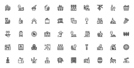 Winery icon set. Minimal vector icons pack. Includes symbols for wine, vineyard, fermentation, barrel, tasting, glass, grape, harvest, dining, award and more. Editable stroke.