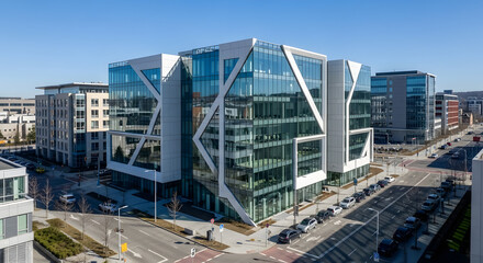 Fototapeta premium Contemporary office building with geometric glass panels in a clean urban environment, sunny day. 