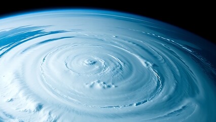 Satellite view of Earth with a swirling storm, highlighting deep blue and white cosmic tones.