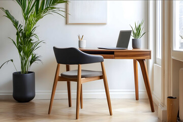 a small home office desk in front of a white wall