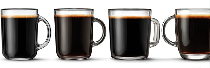Four mugs of black coffee studio shot, white background, beverage product photography