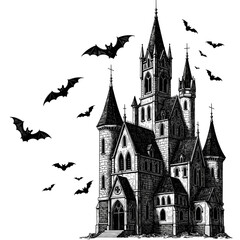 Obraz premium Gothic castle with bats, Halloween decoration — vintage ink sketch doodle black and white vector illustration on white background, engraving woodcut style
