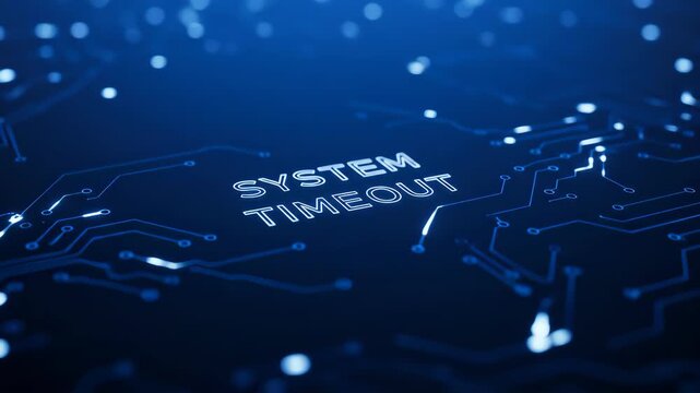 A system timeout message displayed on a blue circuit board background signifies a potential network or connection issue