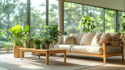 A living room with lightcolored wooden furniture green plants in pots on the side table and coffee table a beige sofa carpet natural sunlight shining through large