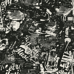 Abstract Jazz music theme seamless pattern with singing mouths, vinyl records and musical instruments. Vector background, wallpaper, wrapping paper, fabric, poster, cover, t-shirt design. No AI used