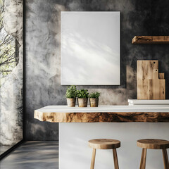 A sleek yet natural kitchen with white walls and Walnut wood open shelving displaying small potted herbs A wide blank white canvas in a prominently horizontal 32