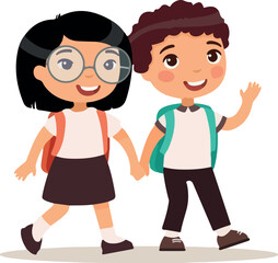 Schoolmates going to school flat vector illustration. Couple pupils in uniform holding hands isolated cartoon characters. Happy elementary school students with rucksack back to school after holidays