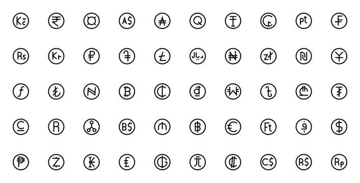 Currency icon set. Minimal vector money symbols. Includes Koruna, Rupee, Dollar, Euro, Bitcoin, Pound, Yuan and more. Editable financial icons pack. - Powered by Adobe