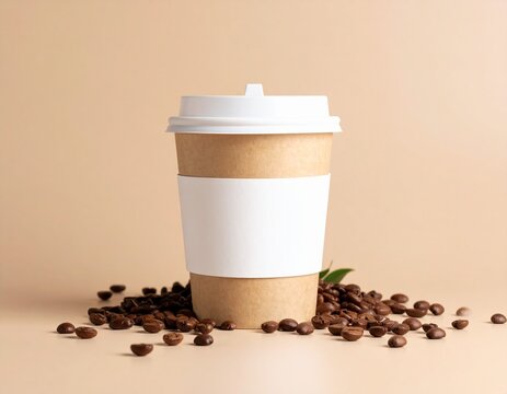 Minimalist cafe branding scene with takeaway coffee cup, coffee beans, and simple logo mockup on beige background, perfect for cozy American coffee shop ad