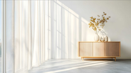 White gauze curtains a window with light and shadow a minimalist interior design style a bright white wall floortoceiling windows a wooden sideboard cabinet on the