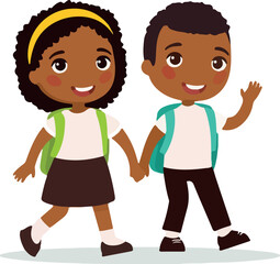 Schoolmates going to school flat vector illustration. Couple pupils in uniform holding hands isolated cartoon characters. Happy elementary dark skin school students with rucksack back to school