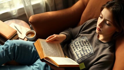 Young woman relaxes indoors sunlight streaming through window She is engrossed in a book sitting comfortably on a brown sofa with a warm drink nearby - Powered by Adobe