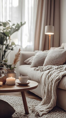 A cozy and stylish winter living room featuring a comfortable beige sofa with soft textured throw pillows and a knitted blanket A large neutral area rug anchors the