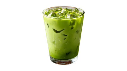 Iced matcha green tea with condensed milk in a transparent plastic glass isolated on a white background