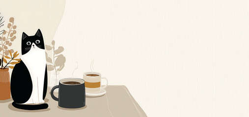 Black and white cat sitting on a table beside two coffee cups and a plant, creating a cozy atmosphere with soft colors and minimalistic design, perfect for home decor