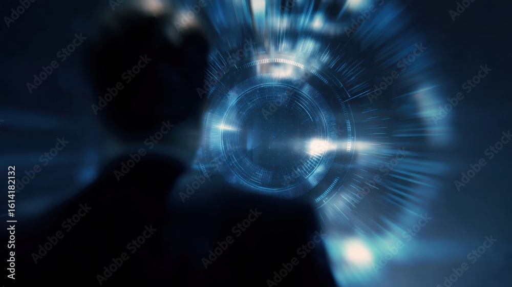 Poster businessman looking at glowing futuristic technological circular hud interface with radial blur effe