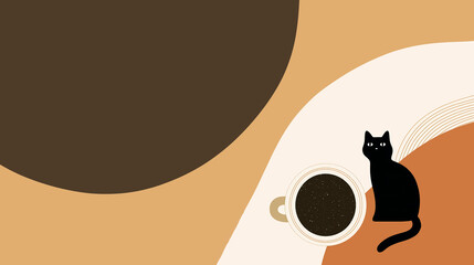 Black cat sitting beside a white coffee cup on a warm-toned background with abstract shapes, creating a cozy and inviting atmosphere for relaxation and enjoyment of beverages