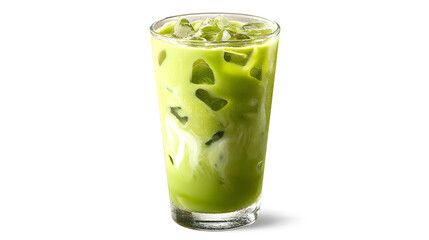 Iced matcha green tea with condensed milk in a transparent plastic glass isolated on a white background