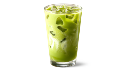 Iced matcha green tea with condensed milk in a transparent plastic glass isolated on a white background