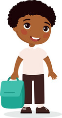 School pupil, happy student flat vector illustration. Child holding backpack in arm isolated cartoon character. Elementary schoolboy going to lesson. Cheerful african american boy. Back to school