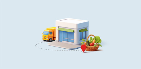 Delivery of fresh vegetables, logistics. 3D store building, truck, basket with vegetables. Fast delivery, location icon. Modern banner. Farm natural products. Vector illustration.