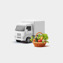 3D white truck and basket with vegetables on white background. For fresh farm vegetables logistics delivery concepts. Vector illustration.