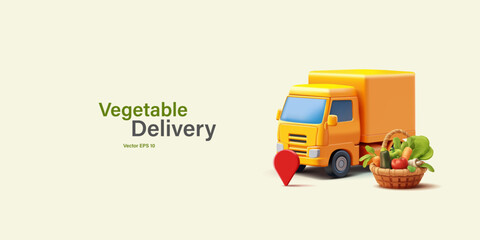 Delivery and logistics of fresh vegetables. 3D yellow truck, wicker basket with fresh vegetables. For advertising concepts of fast delivery of farm vegetables. Vector illustration.