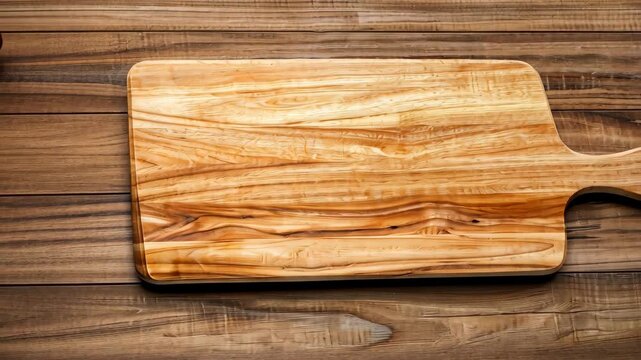 Wooden Cutting Board: a top-down view of a finely crafted wooden cutting board with a handle rests serenely on a rich, wood-grained surface. Ideal for culinary creativity or food preparation. 