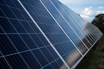Installed solar panel generating green energy electric. Green energy reduce carbon emissions and...