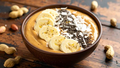 Poster Restaurant Peanut Butter and Banana Smoothie Bowl with Chia and Coconut Flakes. Healthy Food Close Up  © Stanislava