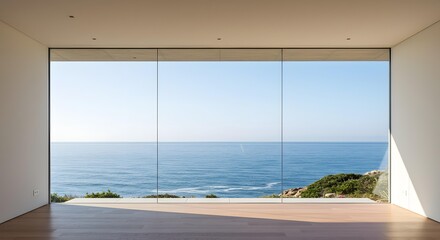 Modern minimalist interior with expansive ocean views.