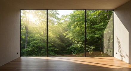 Fototapeta premium Sunlit interior room with expansive floor-to-ceiling windows showcasing a lush green forest landscape.