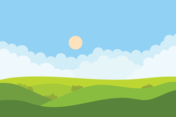 Fototapeta premium Flat Design Cartoon Green Hills Landscape with Clouds and Sun. Vector Illustration.