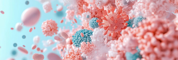 Abstract depiction of microscopic viral and cellular elements in a biological environment, illustrating health and disease concepts.