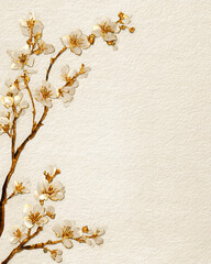 Elegant cherry blossom branch on textured beige background, ideal for invitations, minimalist art prints, or spring-themed stationery.
